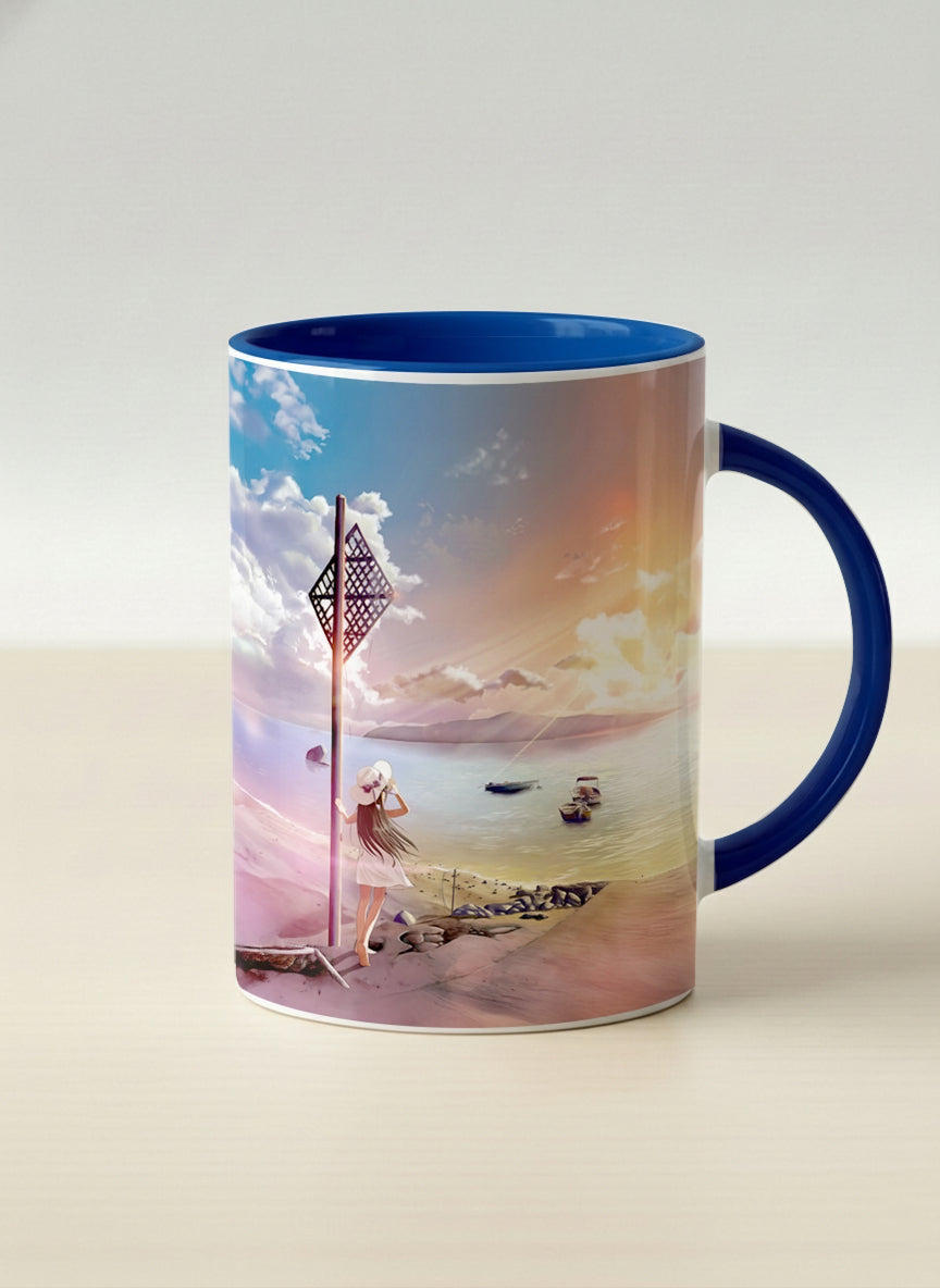 Hero Mug | The Shore of Summer Longing mug showing a scenic beach illustration with a girl and a sunset by Samuel Kwok - Gallery By Inhesion