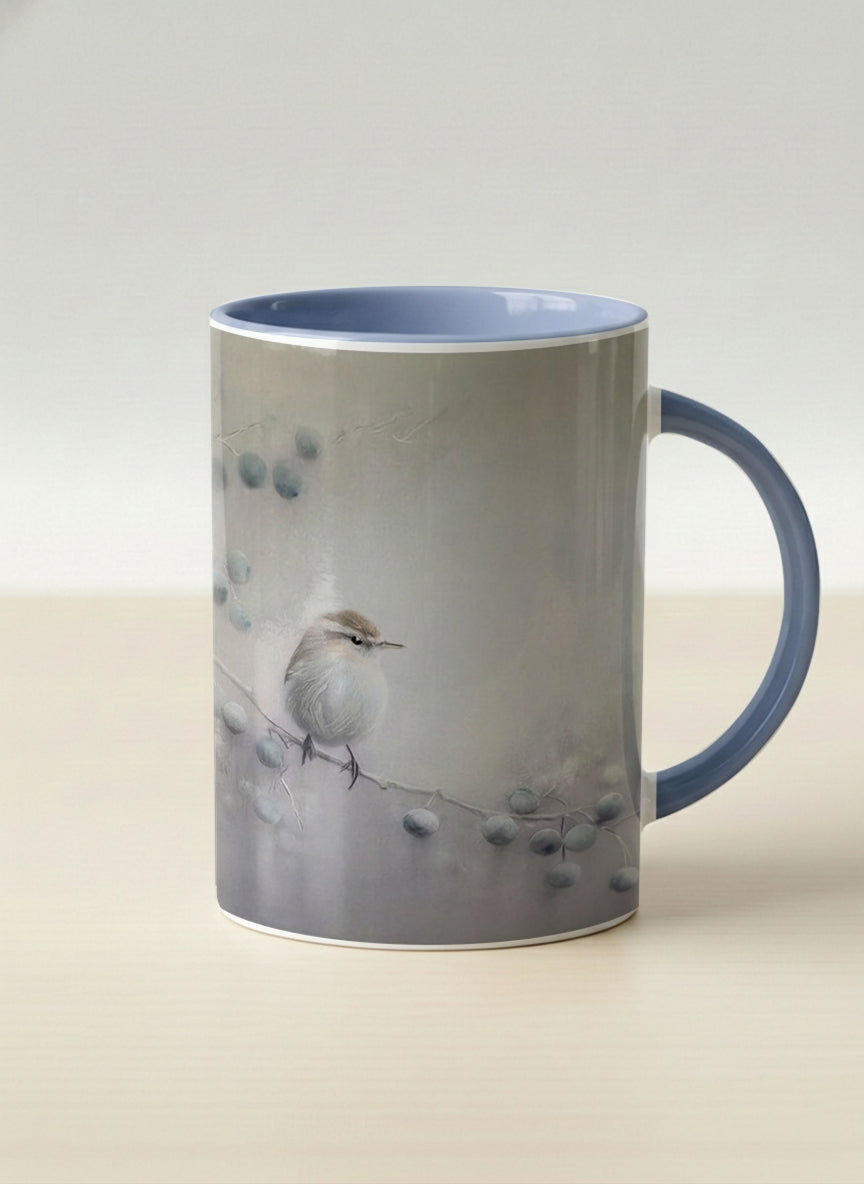hero mug | A Quiet Moment mug, solitary bird perched in a soft misty landscape with delicate dot details, dusty blue interior and handle, by Karina Mosser - Gallery By Inhesion