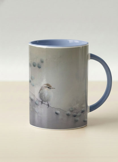 hero mug | A Quiet Moment mug, solitary bird perched in a soft misty landscape with delicate dot details, dusty blue interior and handle, by Karina Mosser - Gallery By Inhesion