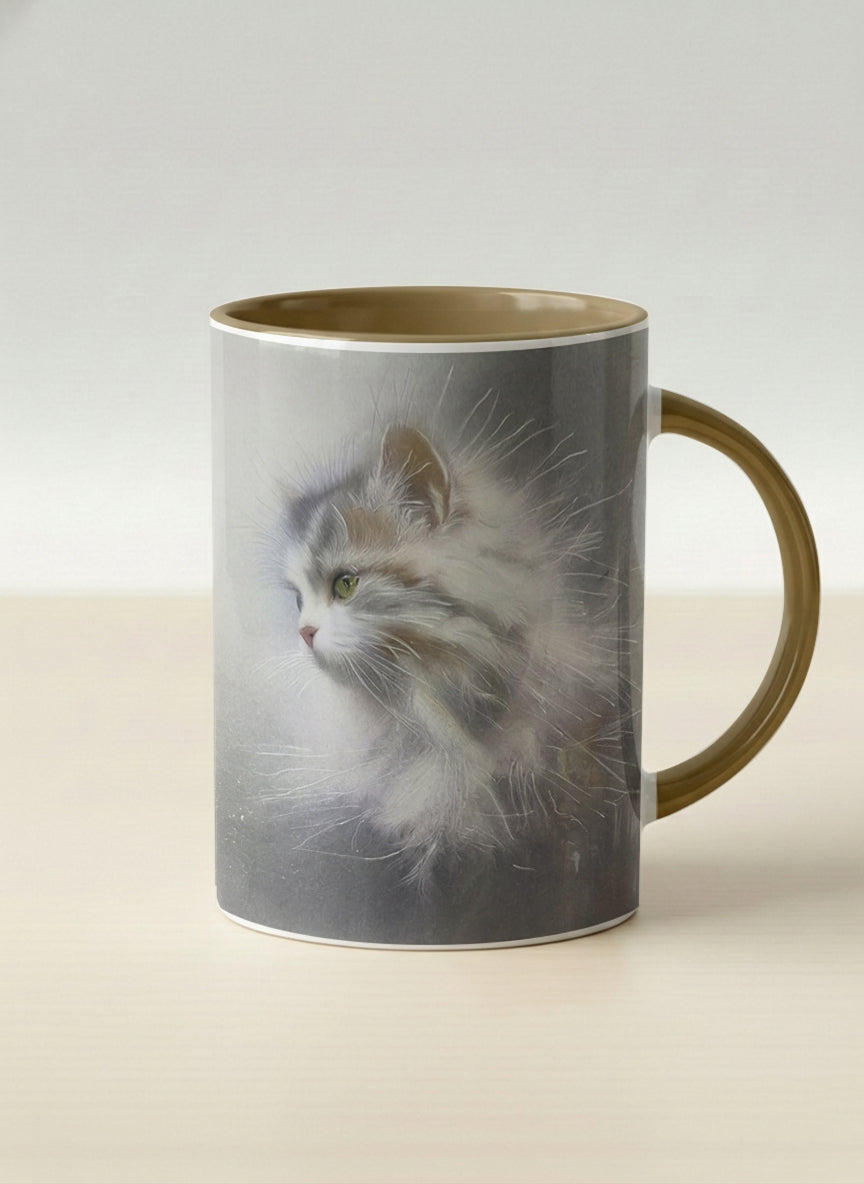 Hero Mug | Wild and Free mug, photorealistic cat portrait emerging from a soft smoky mist, warm beige interior and handle, by Karina Mosser - Gallery By Inhesion