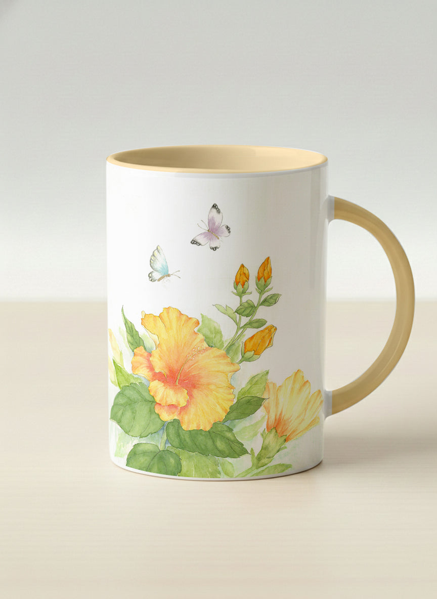 Hero Mug | Butterfly Lovers mug with watercolor butterflies and vibrant yellow/orange flowers by Alice Wong - Gallery By Inhesion