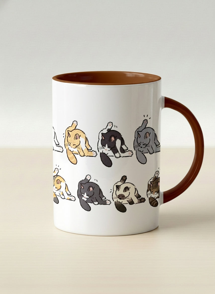 hero Mug | The Grooming Club mug eight cats mid-stretch and self-groom in playful rows, soft grey interior and handle, by Hyun Jung Cho