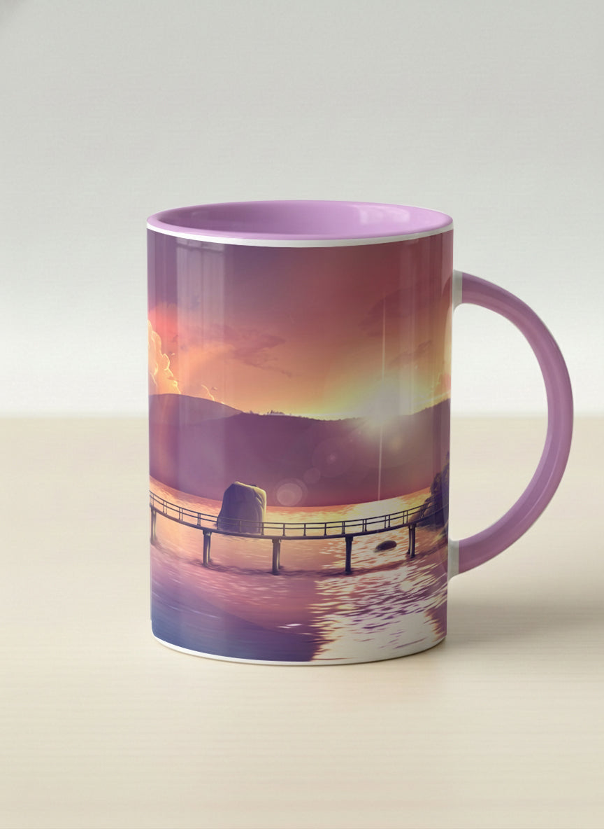 Hero Mug | Gaze into the Golden Hour mug glowing sunset over a lakeside pier in warm amber and violet, soft lilac interior, by Samuel Kwok Gallery By Inhesion
