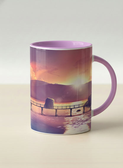 Hero Mug | Gaze into the Golden Hour mug glowing sunset over a lakeside pier in warm amber and violet, soft lilac interior, by Samuel Kwok Gallery By Inhesion