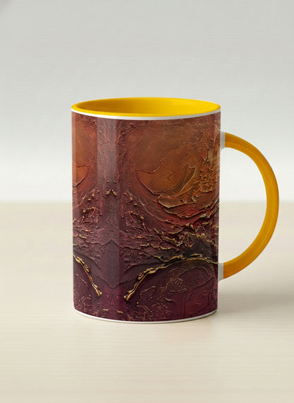 Hero Mug | Fiery Arabesque mug showing abstract marbled pattern in earthy brown, red, and gold tones by Mersedes Mein - Gallery By Inhesion