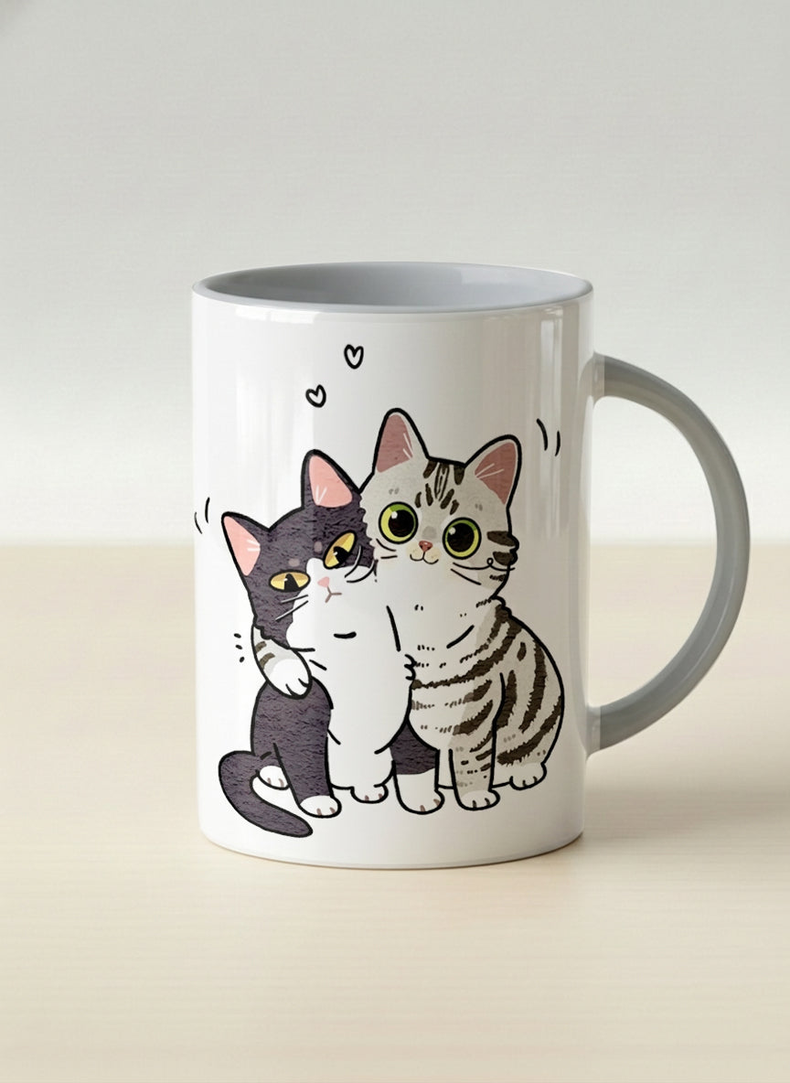 hero Mug | Best Buddies mug small tuxedo cat leaning into a chubby tabby with tiny floating hearts, sage interior, by Hyun Jung Cho