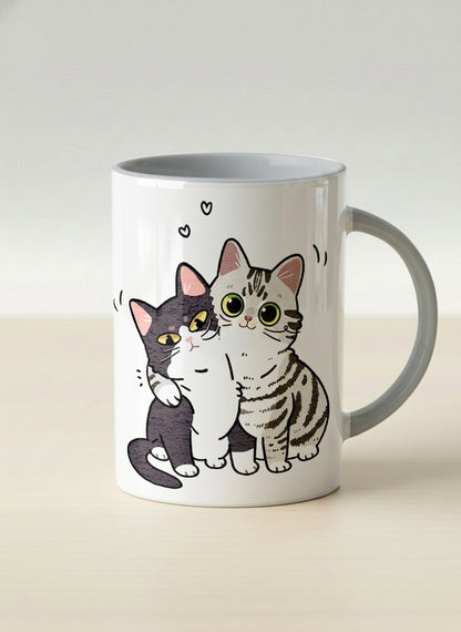 hero Mug | Best Buddies mug small tuxedo cat leaning into a chubby tabby with tiny floating hearts, sage interior, by Hyun Jung Cho