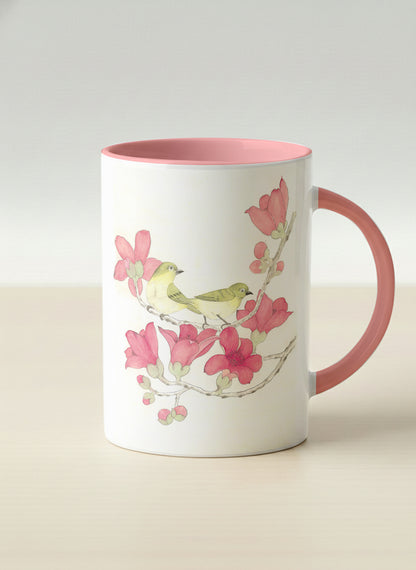 Hero Mug | Forever Love mug with watercolor birds on branch with pink flowers by Alice Wong - Gallery By Inhesion