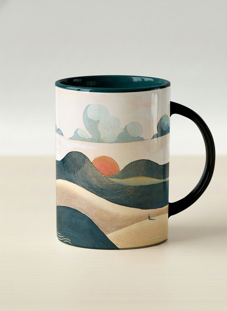 Hero mug | Share a Sunset mug a lone figure walking through rolling sand dunes beneath a glowing orange sun and layered teal clouds, deep teal interior and handle, by KikaG - Gallery By Inhesion