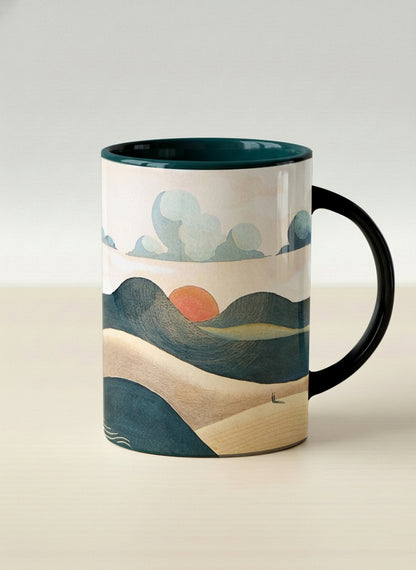 Hero mug | Share a Sunset mug a lone figure walking through rolling sand dunes beneath a glowing orange sun and layered teal clouds, deep teal interior and handle, by KikaG - Gallery By Inhesion