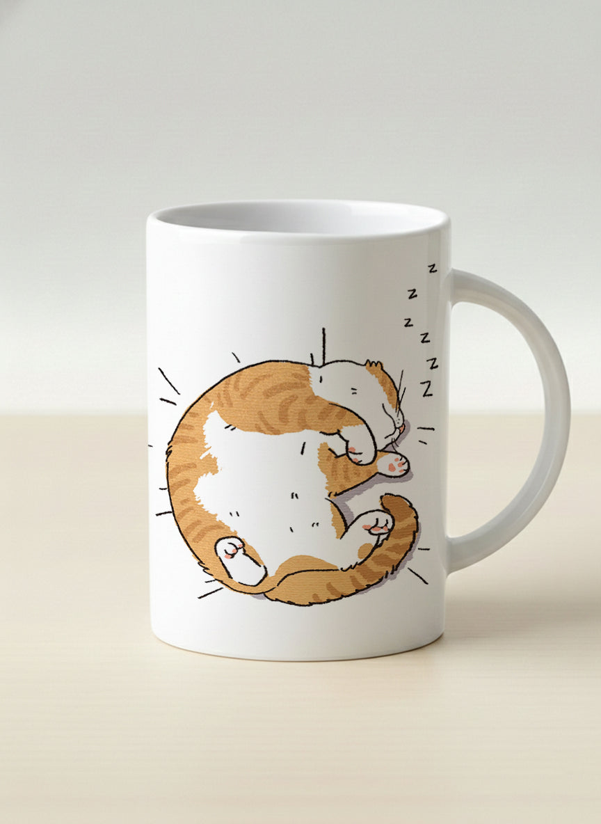 hero Mug | Sweet Dreams mug, a ginger tabby cat curled into a perfect circle fast asleep with tiny zzz's floating above, clean white interior and handle, by Hyun Jung Cho - Gallery By Inhesion