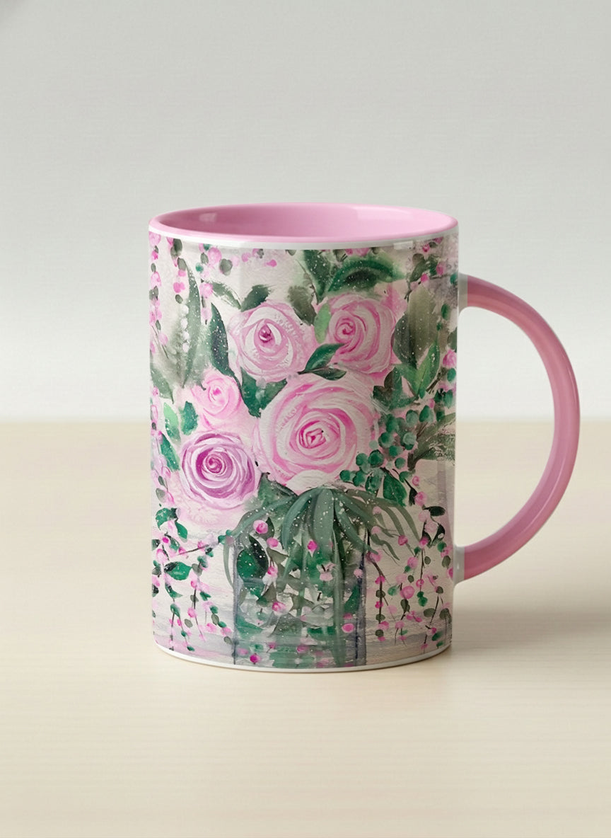 Hero Mug | Pink Roses in a Jar mug showing painted pink roses and greenery on a light background design by Renee Pupetz - Gallery By Inhesion