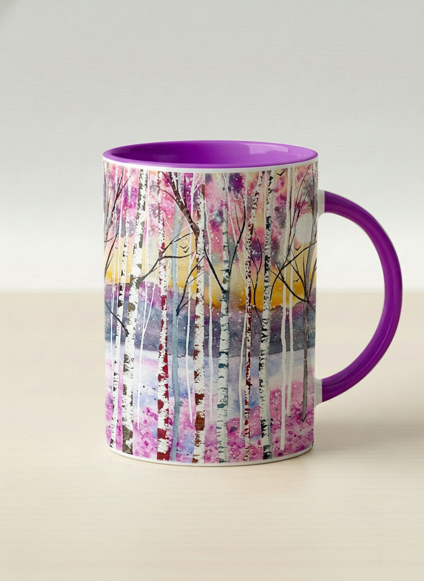 hero Mug | Living in Colour mug shows colorful watercolor birch trees in a dreamy forest landscape by Renee Pupetz - Gallery By Inhesion