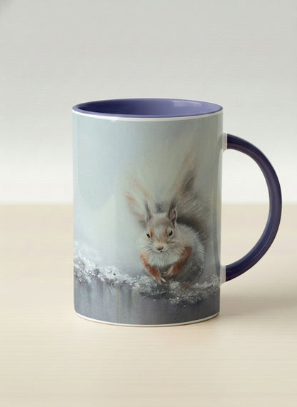 Hero mug | Caught in Frost mug, wide-eyed squirrel emerging from a misty winter ground, slate blue interior and handle, by Karina Mosser - Gallery By Inhesion