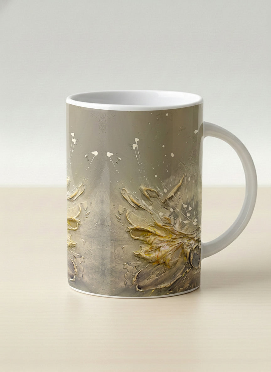 Hero Mug | Awakening mug showing textured floral design in muted grey-gold tones by Mersedes Mein - Gallery By Inhesion
