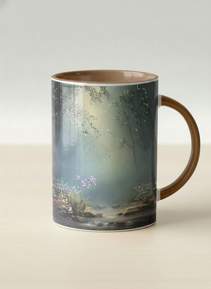Hero mug | Serenity Stream mug, an enchanted forest with glowing light filtering through misty teal trees and wildflowers by a stream, warm olive interior and handle, by Karina Mosser - Gallery By Inhesion