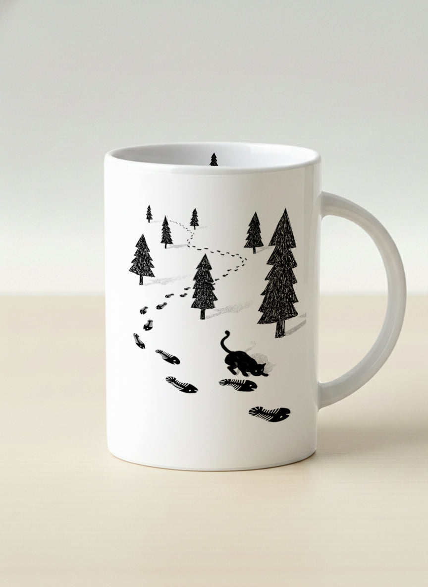 Hero Mug | The Curious Cat mug shows a sketch of a cat following fish-shaped footprints by Tang Yau Hoong - Gallery By Inhesion