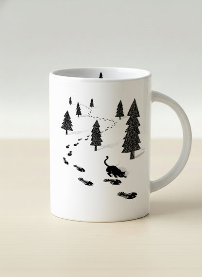Hero Mug | The Curious Cat mug shows a sketch of a cat following fish-shaped footprints by Tang Yau Hoong - Gallery By Inhesion