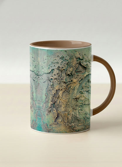 Hero Mug | Green textured mug with earthy, weathered pattern and brown handle on a light surface by Mersedes Mein - Gallery By Inhesion
