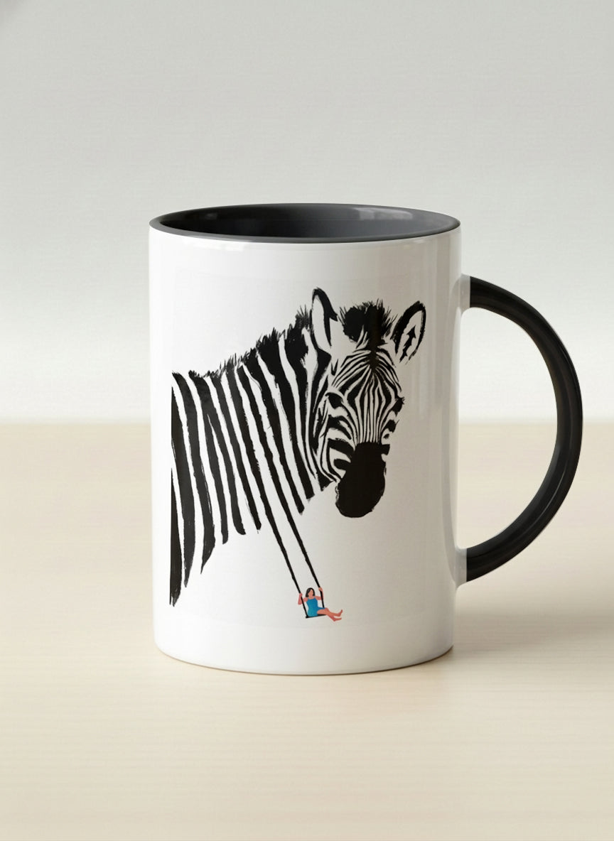 Hero Mug | Swinging between reality and illusion mug with a zebra illustration and a person swinging under it by Tang Yau Hoong - Gallery By Inhesion