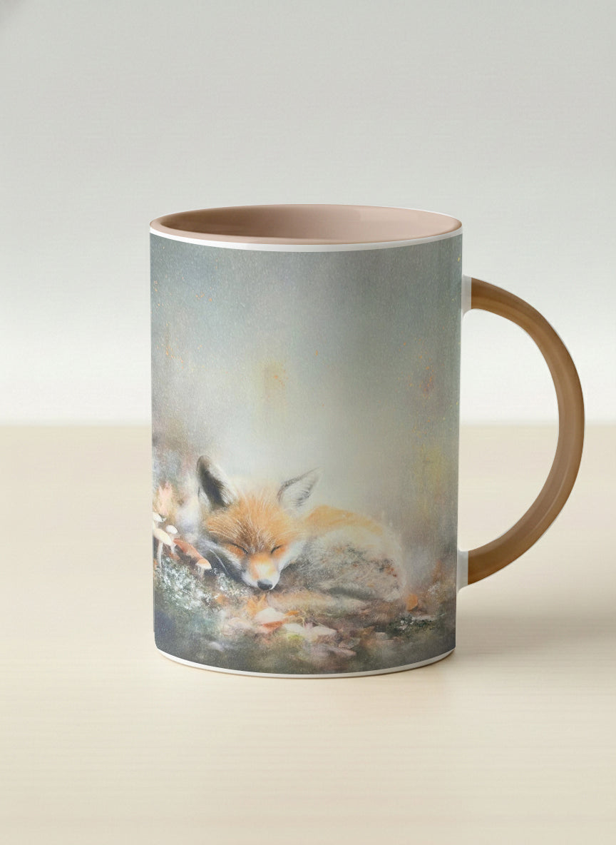 Hero mug | Lullaby mug, sleeping fox curled in a soft misty meadow, warm terracotta interior and handle, by Karina Mosser - Gallery By Inhesion