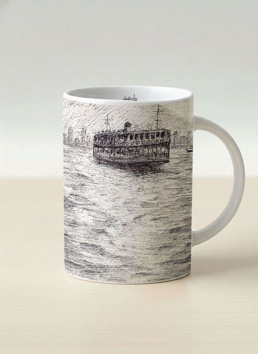 Hero Mug | Shimmering Passage mug showing a pen drawing Star Ferry in Hong Kong by Samuel Kwok - Gallery By Inhesion