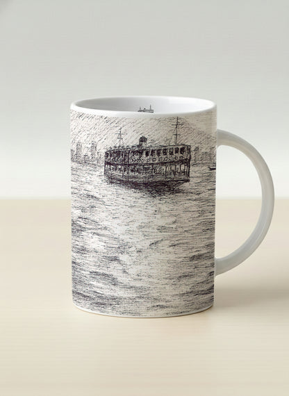 Hero Mug | Shimmering Passage mug showing a pen drawing Star Ferry in Hong Kong by Samuel Kwok - Gallery By Inhesion
