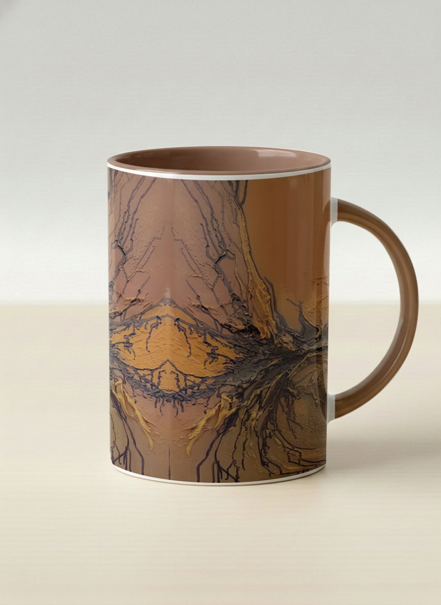 Hero Mug | Flowing Essence mug showing abstract marbled pattern in brown, black, and gold tones by Mersedes Mein - Gallery By Inhesion