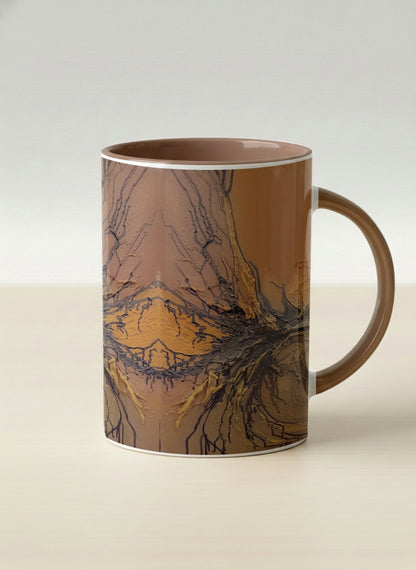 Hero Mug | Flowing Essence mug showing abstract marbled pattern in brown, black, and gold tones by Mersedes Mein - Gallery By Inhesion