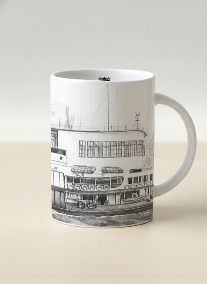 Hero Mug | The Star of the Harbor mug showing a sketch of Star Ferry Pier in Hong Kong by Samuel Kwok - Gallery By Inhesion