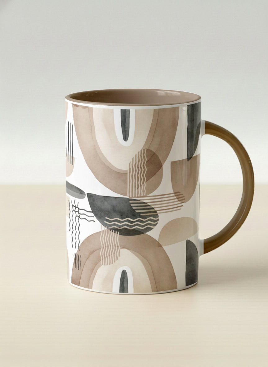 Hero Mug | Organic Shades mug, earthy beige and charcoal abstract shapes, cream interior, olive handle, by Alan CL Lee - Gallery By Inhesion