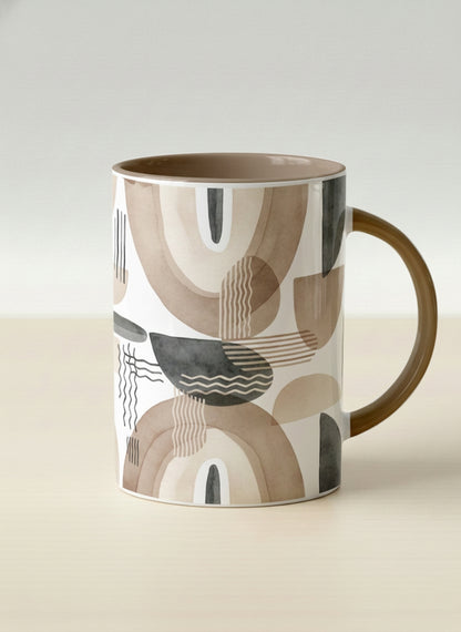 Hero Mug | Organic Shades mug, earthy beige and charcoal abstract shapes, cream interior, olive handle, by Alan CL Lee - Gallery By Inhesion