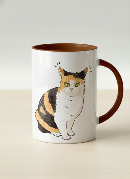 hero Mug | Spicy Calico mug grumpy calico cat with piercing green eyes and ruffled fur, dark chocolate interior, by Hyun Jung Cho