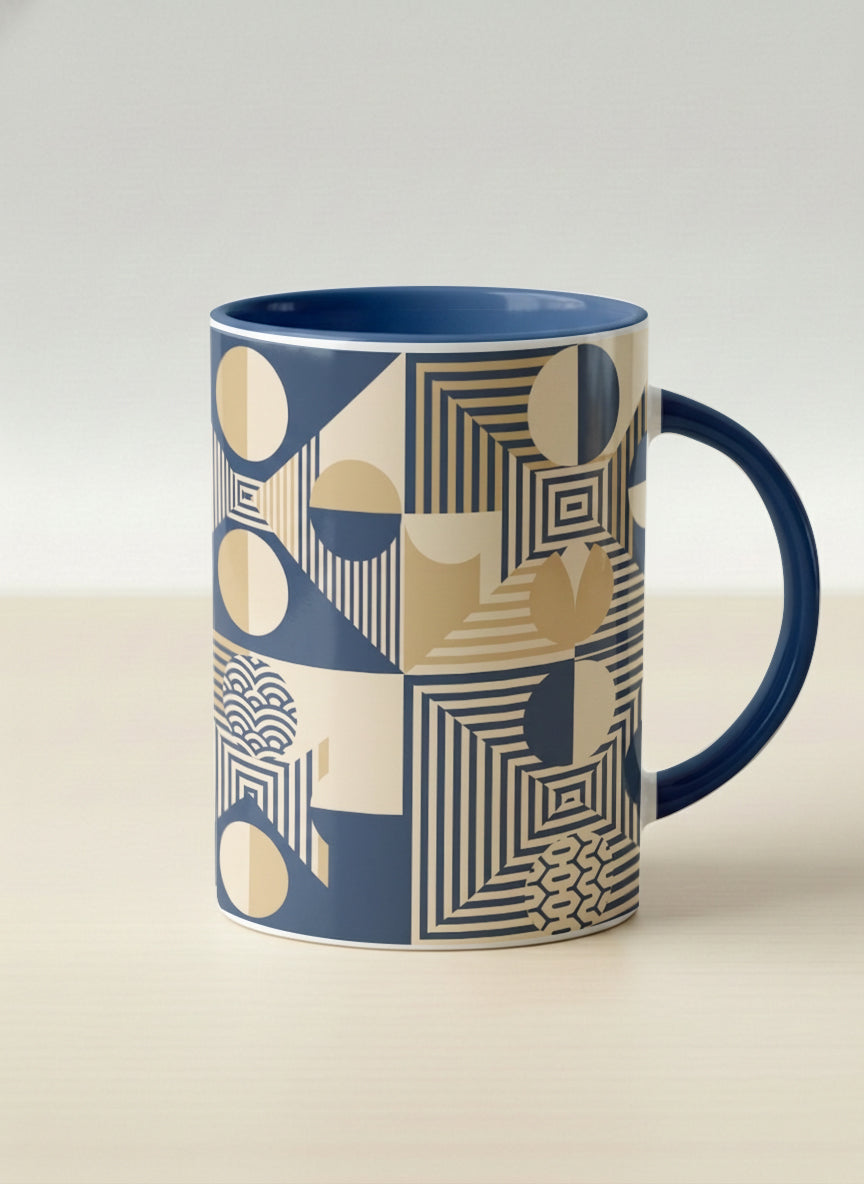 Hero Mug | Fractured Horizon Drift mug, navy and gold geometric pattern, dark interior and handle, by Alan CL Lee - Gallery By Inhesion