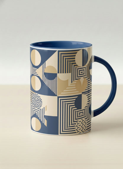 Hero Mug | Fractured Horizon Drift mug, navy and gold geometric pattern, dark interior and handle, by Alan CL Lee - Gallery By Inhesion