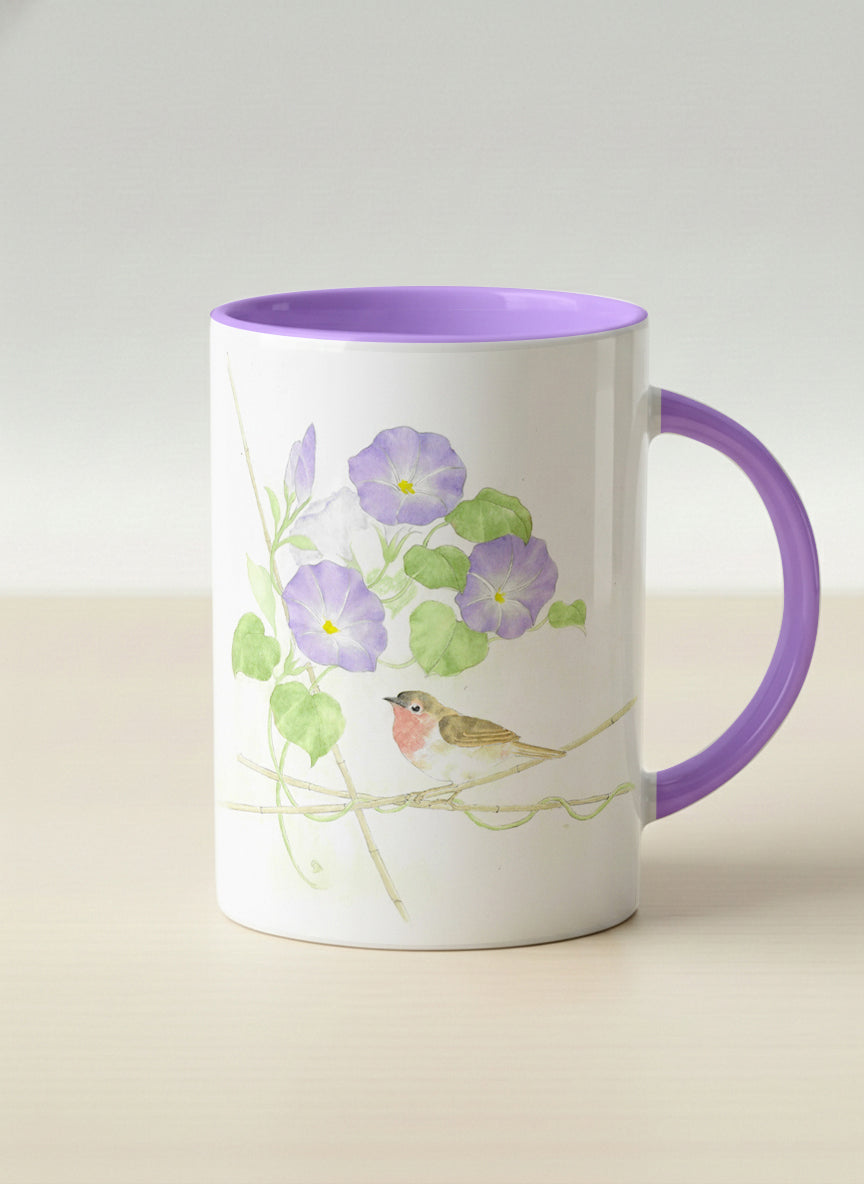 Hero Mug | Morning Glory mug with watercolor bird and purple flowers artwork by Alice Wong - Gallery By Inhesion