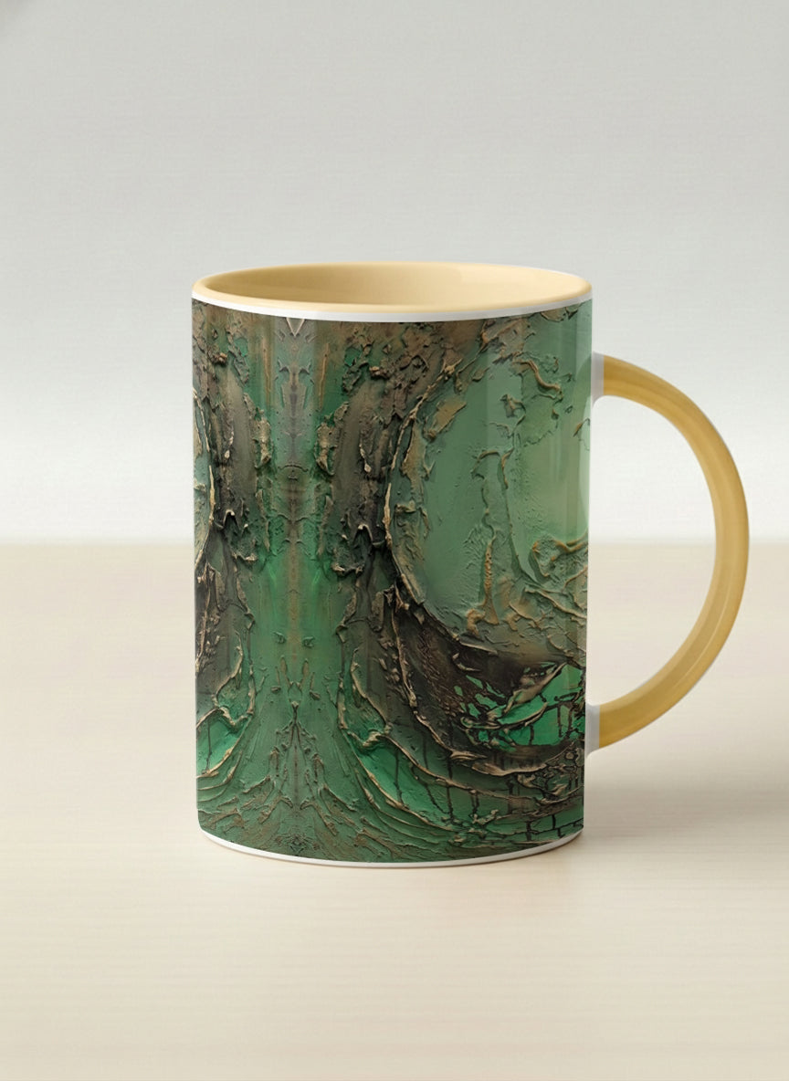 Hero Mug | Emerald Magic mug showing abstract marbled pattern in green, gold, and earthy tones by Mersedes Mein - Gallery By Inhesion