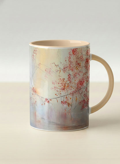 hero mug | Quiet Waters mug, delicate red blossoms and fine branches drifting across a soft celadon mist, warm cream interior and handle, by Karina Mosser - Gallery By Inhesion