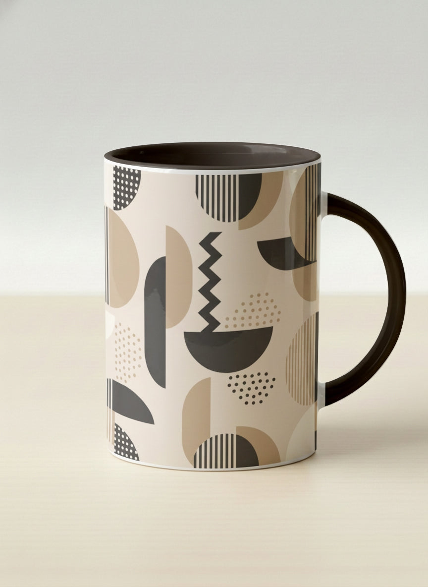 Hero Mug | Parallel Dune Echo mug, beige and charcoal geometric shapes with dots and stripes, dark interior and handle, by Alan CL Lee - Gallery By Inhesion