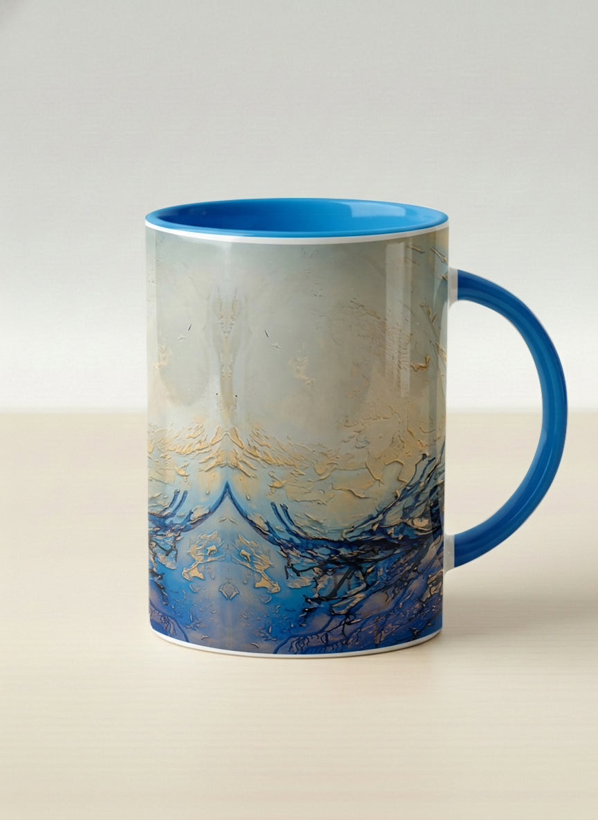 Hero Mug | Touches of depth mug showing abstract pattern in blue, white, and gold by Mersedes Mein - Gallery By Inhesion