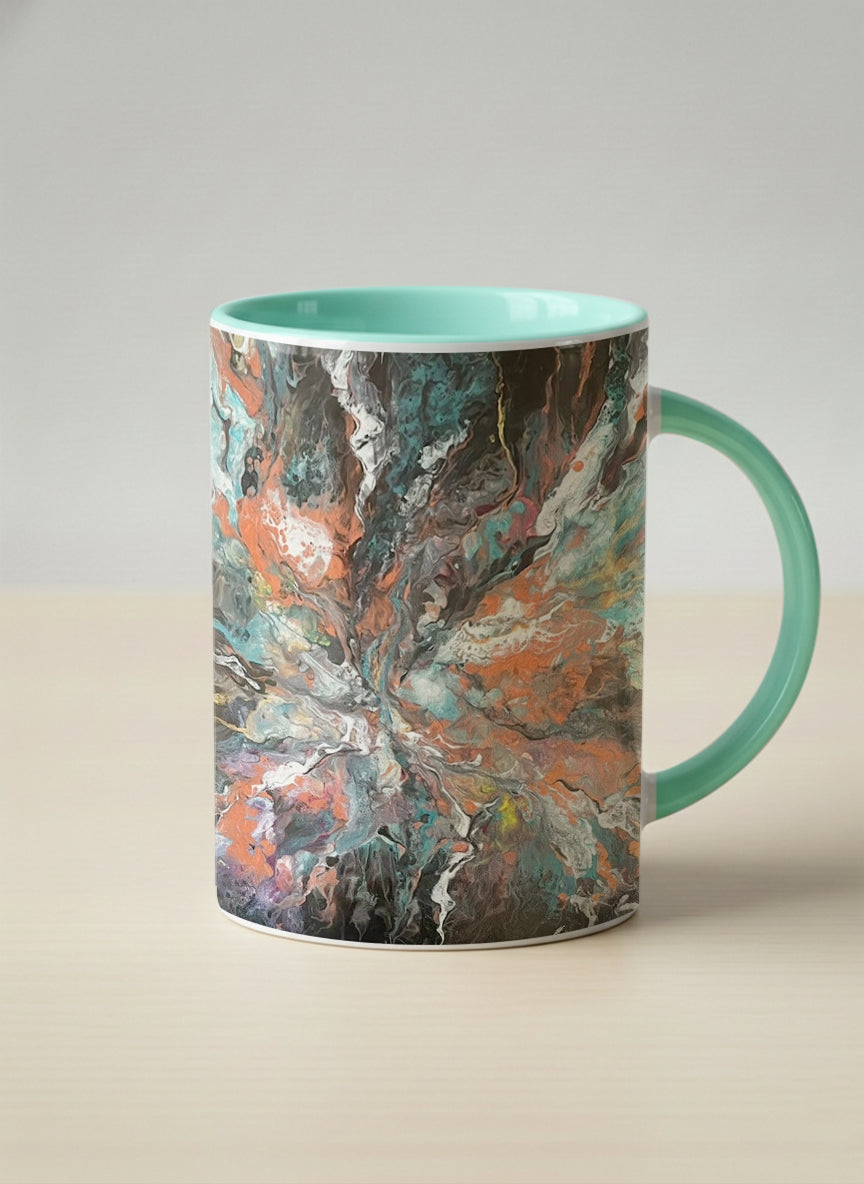 Hero Mug | Winged Light mug showing a fluid art painting with swirling, multicolored design by Renee Pupetz - Gallery By Inhesion