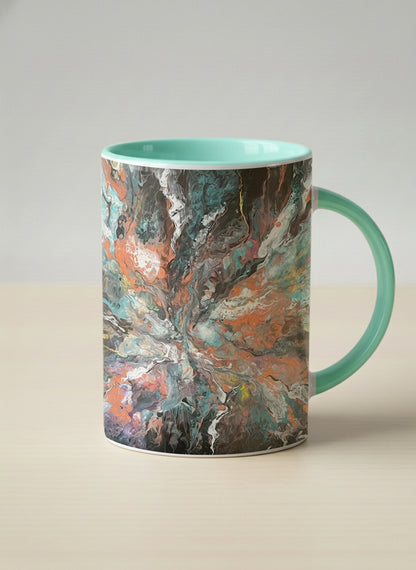 Hero Mug | Winged Light mug showing a fluid art painting with swirling, multicolored design by Renee Pupetz - Gallery By Inhesion