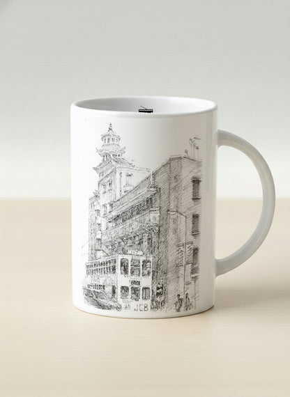 Hero Mug | Tramway Through Time mug showing a sketch of streets and tram in Hong Kong by Samuel Kwok - Gallery By Inhesion