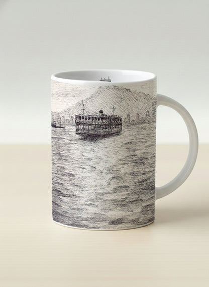 Hero Mug | Shimmering Passage mug showing a pen drawing Star Ferry in Hong Kong by Samuel Kwok - Gallery By Inhesion