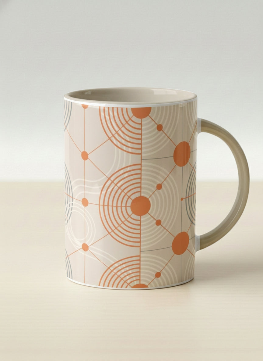 Hero Mug | Entangled Terracotta Web mug, orange geometric circle pattern, cream finish, by Alan CL Lee - Gallery By Inhesion
