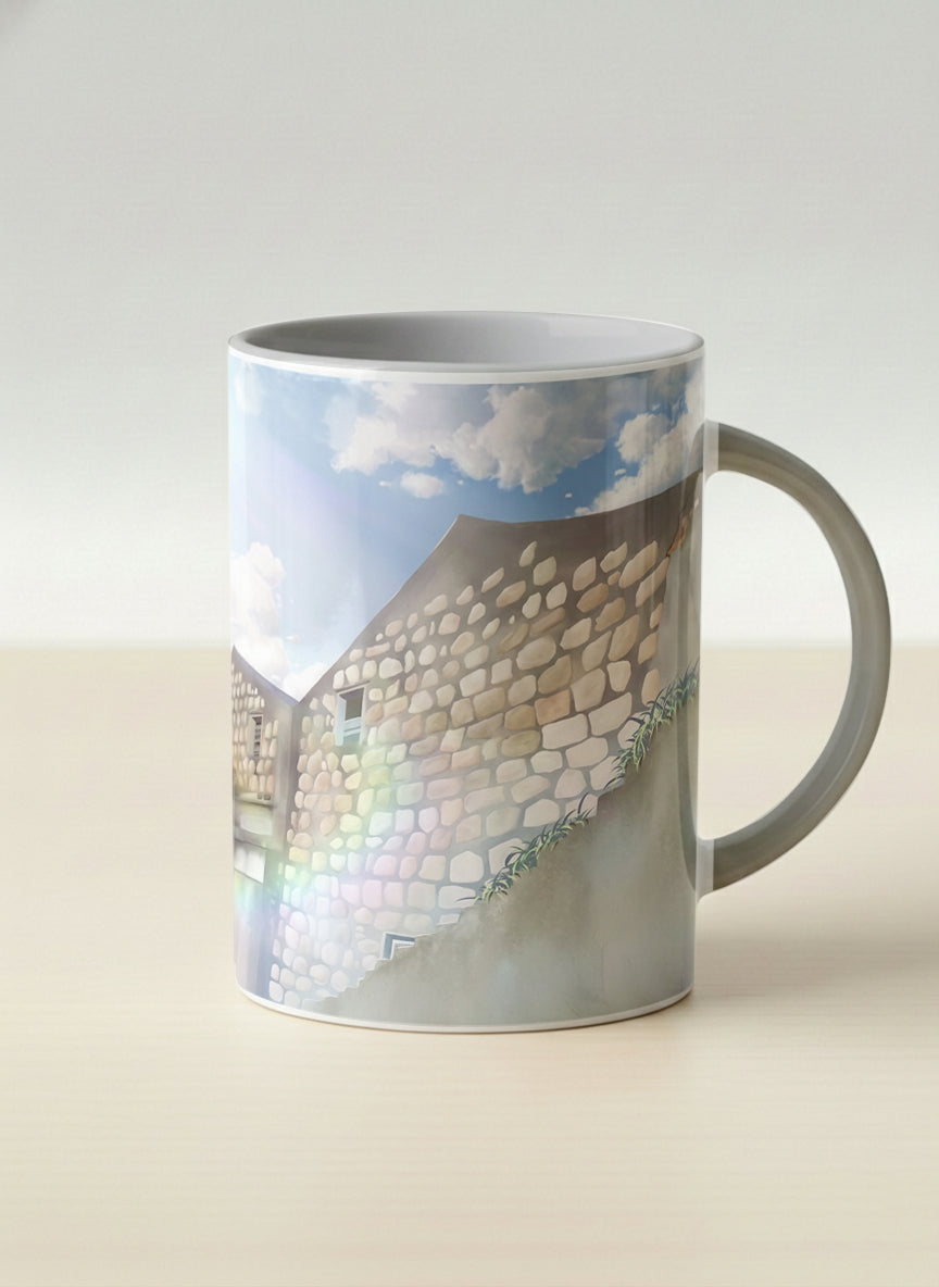 Hero Mug | The Timeless Facade mug ancient stone walls rising under a bright blue sky with soft drifting clouds, clean pearl white interior and handle,  by Samuel Kwok Gallery By Inhesion
