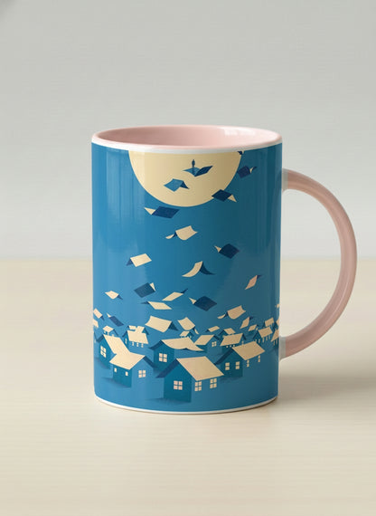 Hero Mug | House of Wings mug with whimsical house roof flying over a night cityscape by Tang Yau Hoong - Gallery By Inhesion
