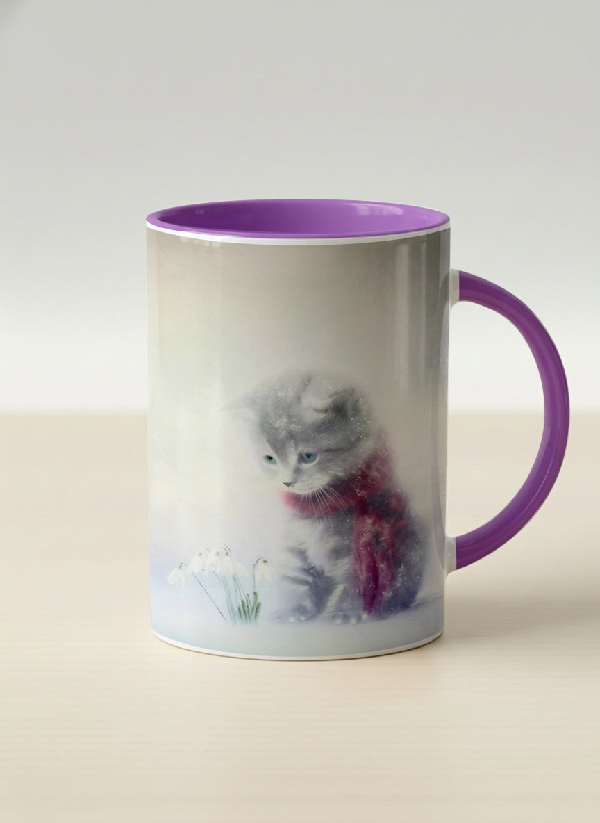 Hero mug | Waiting for Spring mug, a tiny kitten in a burgundy scarf sitting in a soft misty meadow, dusty rose interior and handle, by Karina Mosser - Gallery By Inhesion