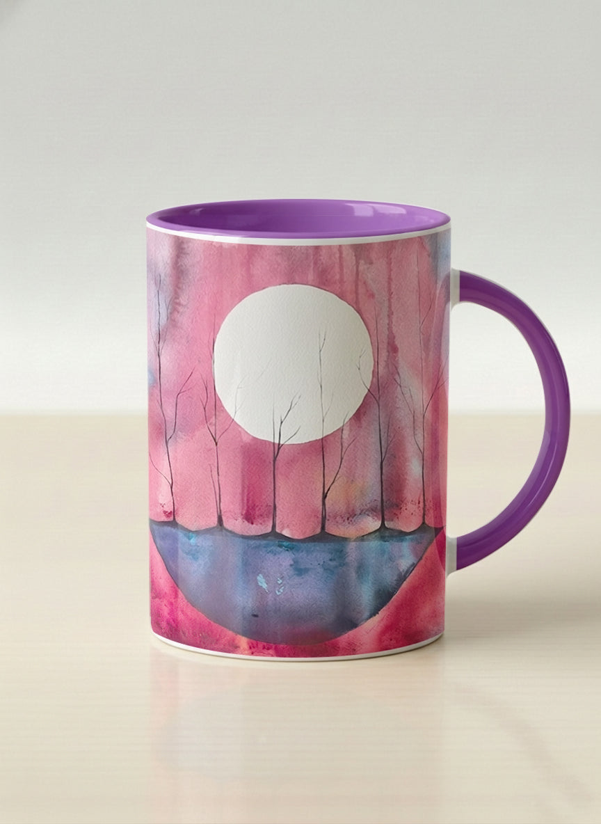 Hero mug | Sail the Moon mug with watercolor night scene, boat silhouette, trees and full moon, purple handle and interior by Renee Pupetz - Gallery By Inhesion