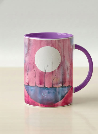 Hero mug | Sail the Moon mug with watercolor night scene, boat silhouette, trees and full moon, purple handle and interior by Renee Pupetz - Gallery By Inhesion